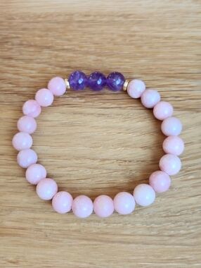 Pink Opal & Purple Amethyst Beads Bracelet, Stretch, Hand Crafted